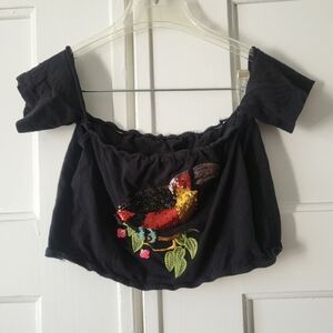 Handmade Sequin Embroidered Toucan Off Shoulder Crop Top